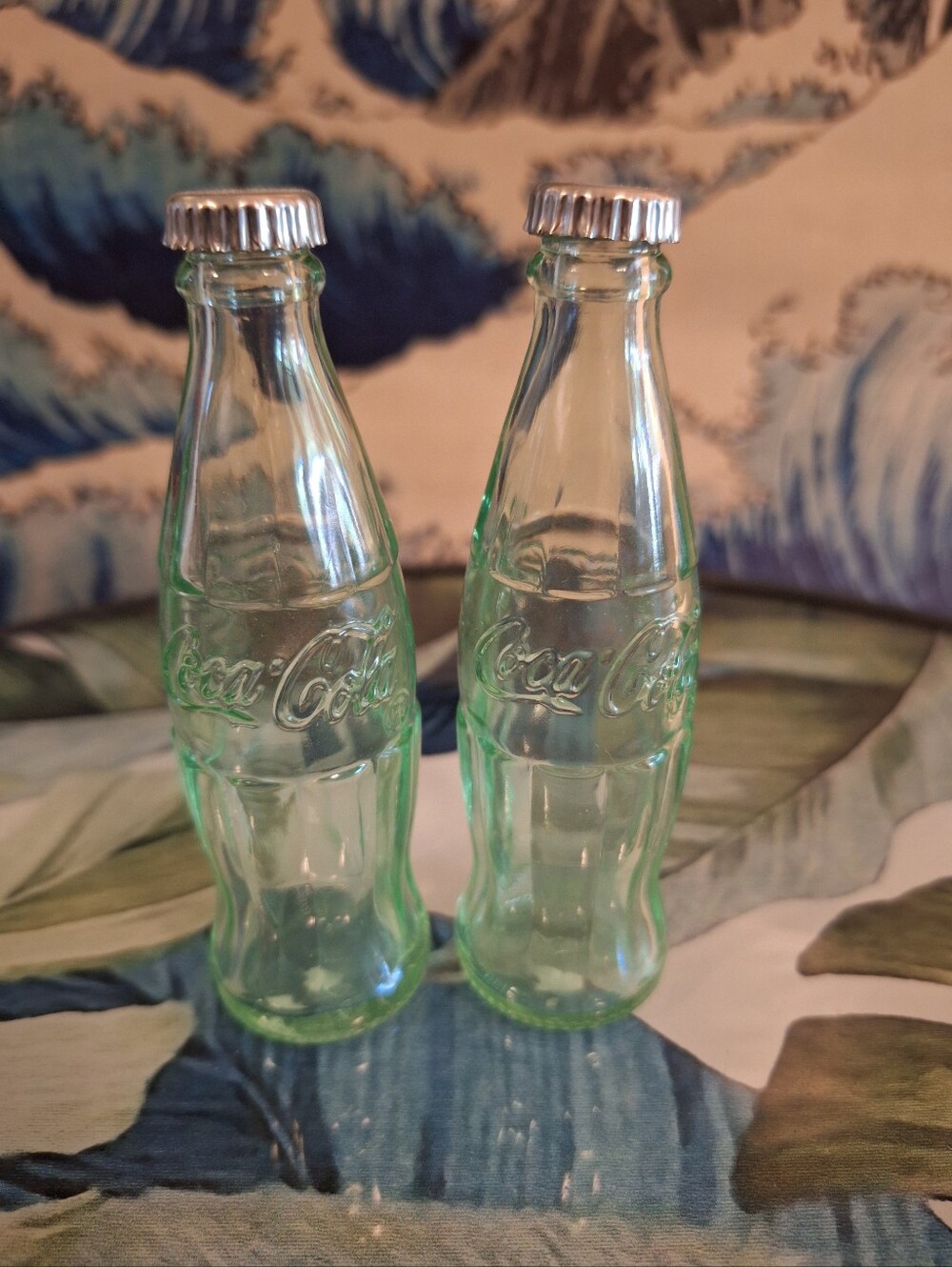 Coca Cola Light Green Mini Glass Bottle Salt & Pepper Pair with Silver Caps